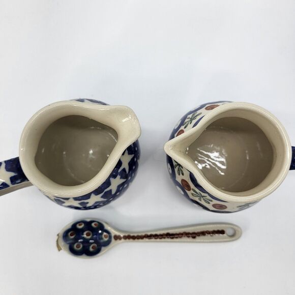 Boleslawiec Polish Pottery Stars & Blue Dot Design Small Creamer Set with Spoon - Picture 6 of 14